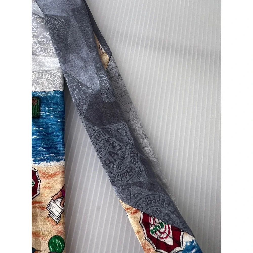 Tabasco Mens Silk Tie Beach Scene Sailboat Novelty Necktie Blue Grey Made in USA